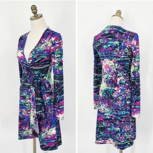 BCBG MaxAzria Long Sleeve Wrap Dress Multi Color Tie Waist Mini XXS